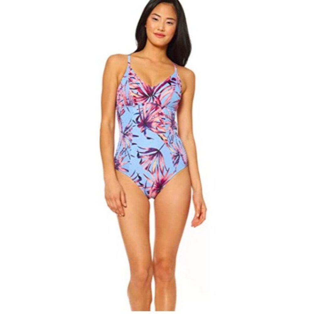 Jessica Simpson $98 Palm Print V-Neck One Piece Swimsuit Size Large